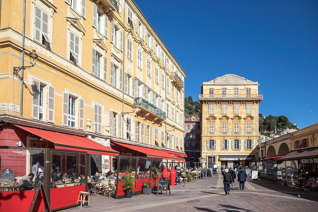 France,Alpes Maritimes,Nice,listed as World Heritage by UNESCO,Old Nice district,Cours Saleya esplanade,Pierlas Cais palace in the background