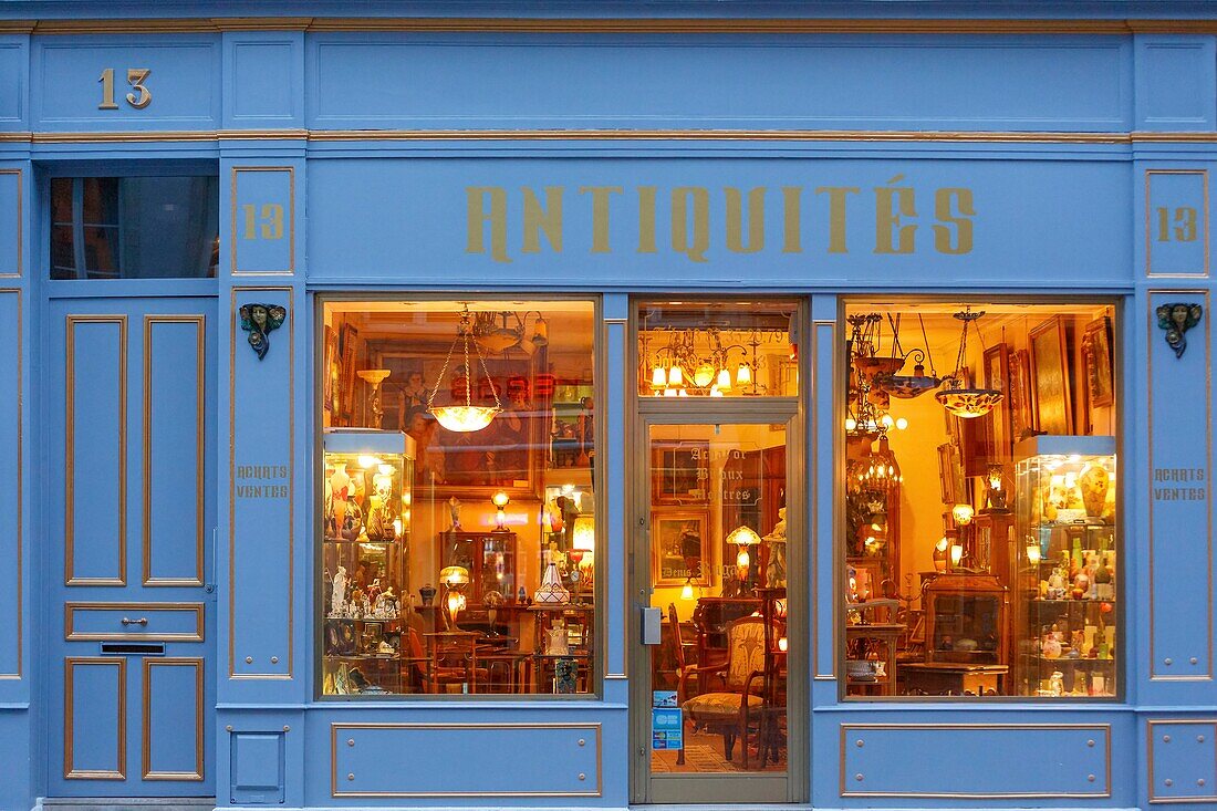 France,Meurthe et Moselle,Nancy,front window of an antic shop on Stanislas street nearby Stanislas square in the area listed as World Heritage by UNESCO