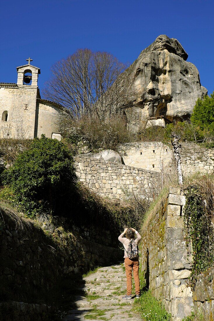 France,Alpes de Haute Provence,Annot,discovery tour of the Gres d Annot,Vers la Ville chapel dated 12th century,rocks