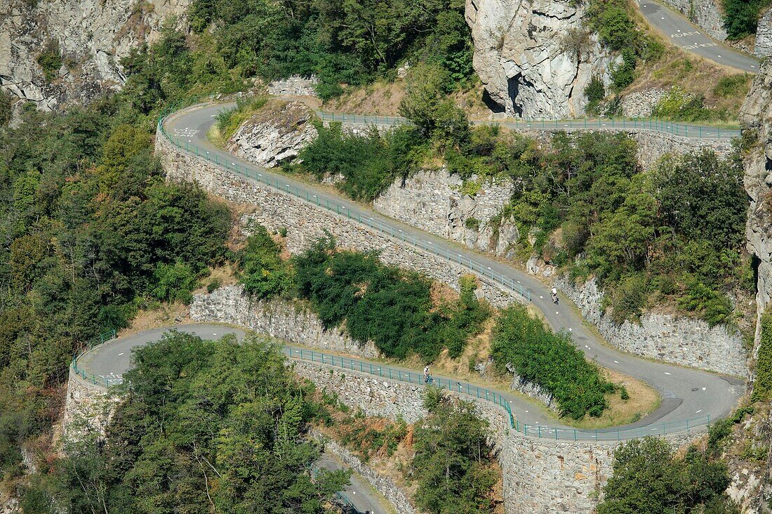 France,Savoie,Maurienne,on the largest cycling area in the world,the incredible winding Montvernier road near Saint Jean de Maurienne where regularly passes the Tour de France,general view from the belvedere under the village of Montvernier