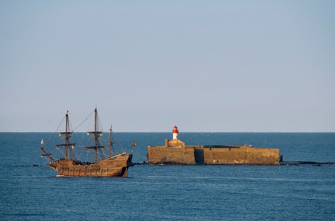 France,Herault,Agde,Cape of Agde,passage of Gallion Galeon Andalucia with Fort Brescou in background