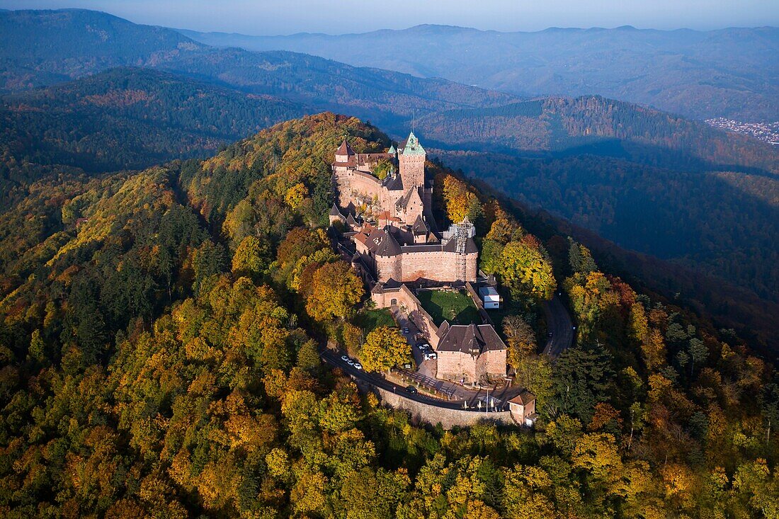 France,Bas Rhin,Orschwiller,Alsace Wine road,Haut Koenigsbourg Castle (aerial view)