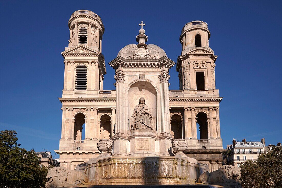 France,Paris,St. Germain des Pres district,Fountain Saint Sulpice built in 1844 by Louis Visconti Tulius Joachim and Saint Sulpice church