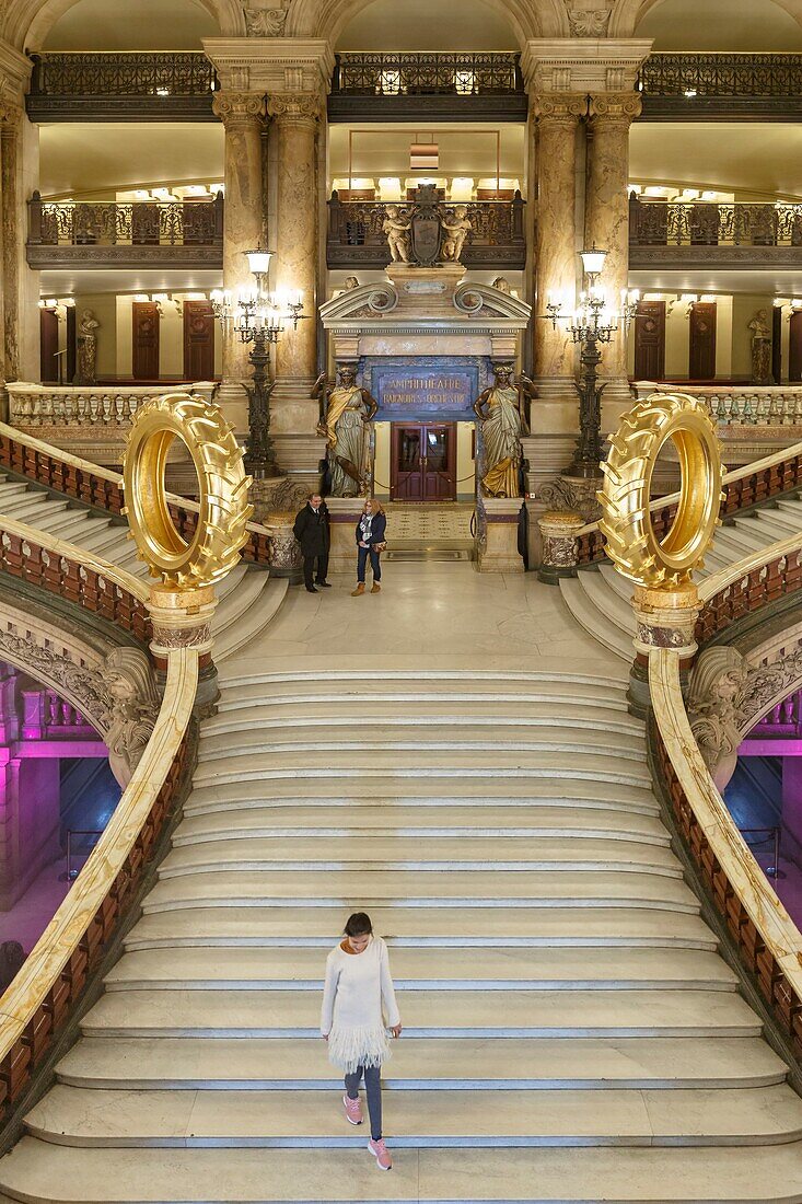 France,Paris,Garnier opera house (1878) under the architect Charles Garnier in eclectic style,the Grand staircase