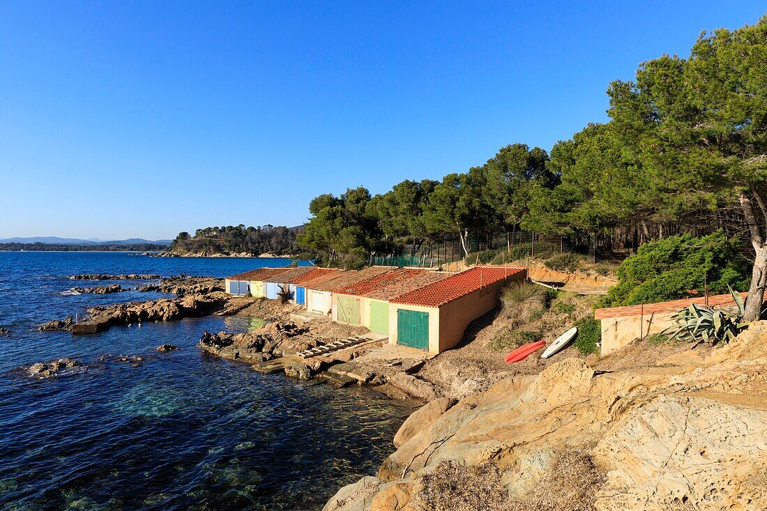 France,Var,Bormes les Mimosas,Bregancon,Pointe du Diable,Cabasson Bay,fishermen's cabins