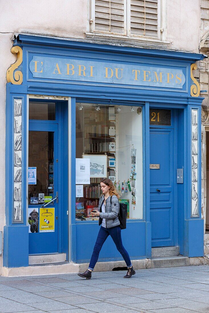 France,Meurthe et Moselle,Nancy,facade of the book store A l'Abri du Temps in the old town in Grande Rue (Grande street)