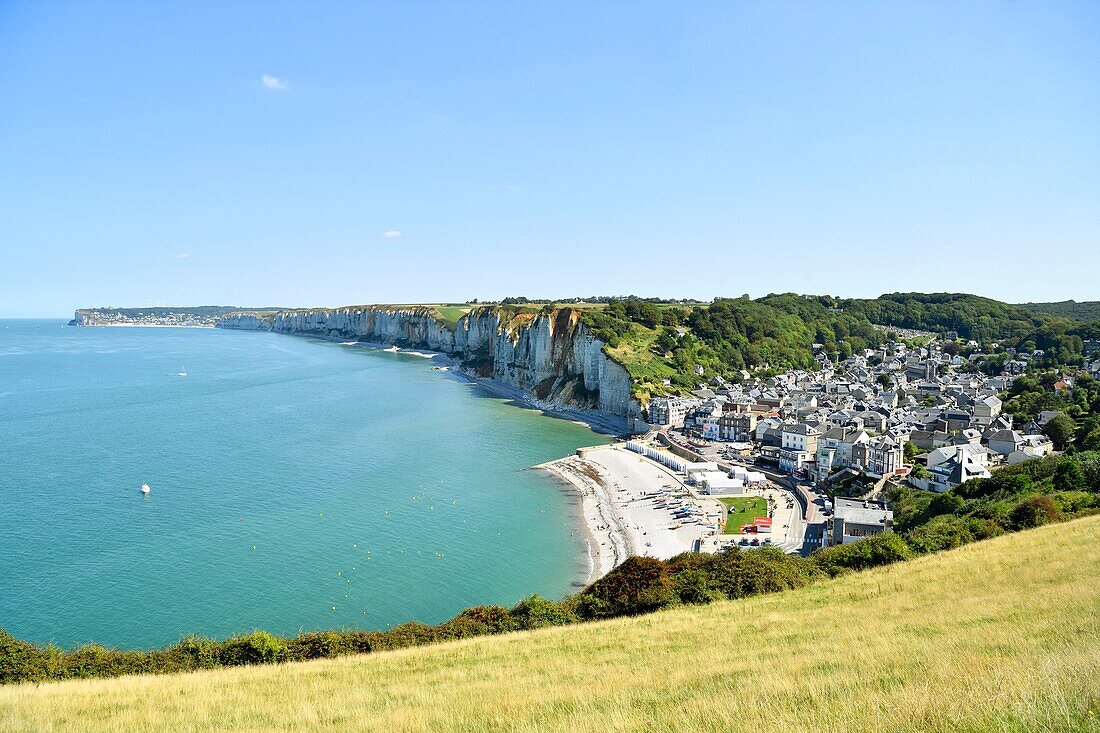 France,Seine Maritime,Yport,The village of Yport and the Coast of the Virgin,in the background the city of Fecamp