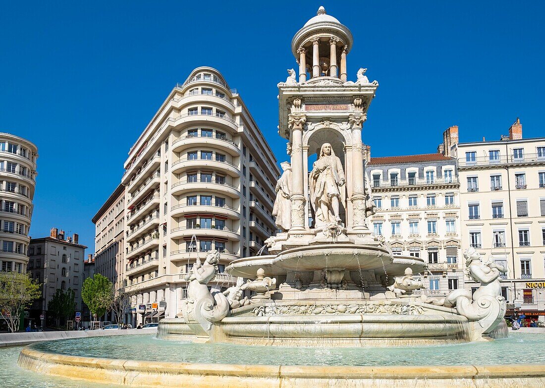 France,Rhone,Lyon,historic district listed as a UNESCO World Heritage site,Cordeliers district,fountain of Jacobins square