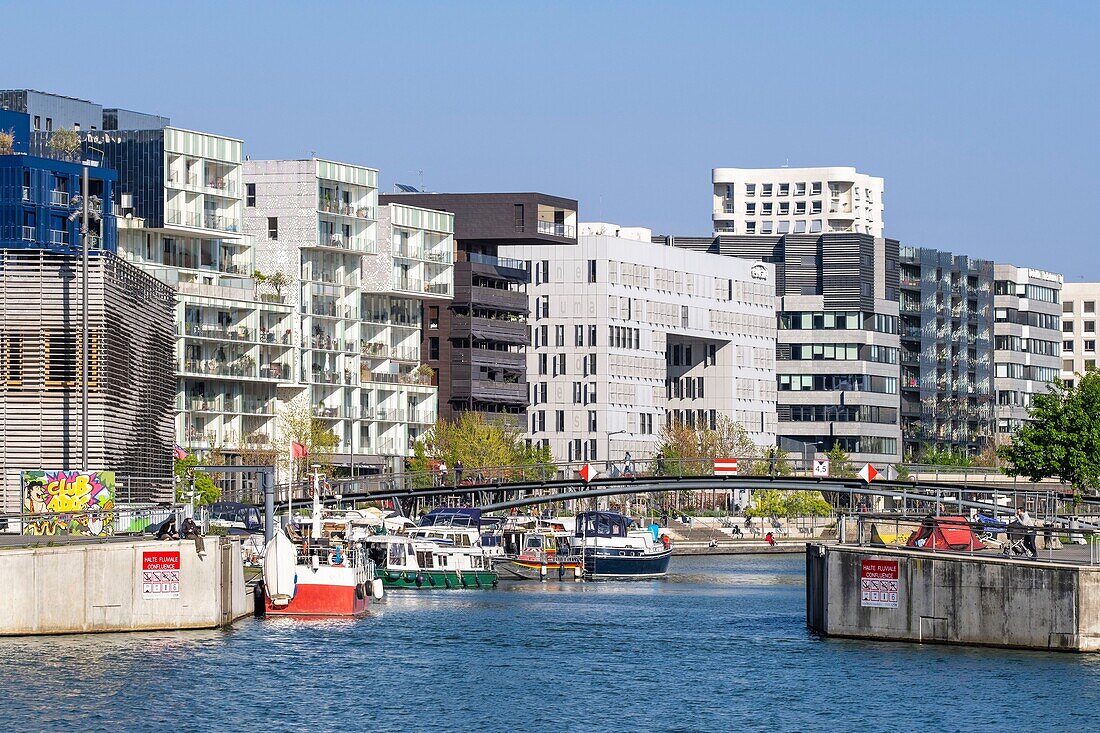 France,Rhone,Lyon,La Confluence district south of the Presqu'ile,close to the confluence of the Rhone and the Saone rivers,is the first French sustainable quarter certified by WWF,residential buildings on quai Antoine Riboud on the edge of the nautical basin connected to the Saone river