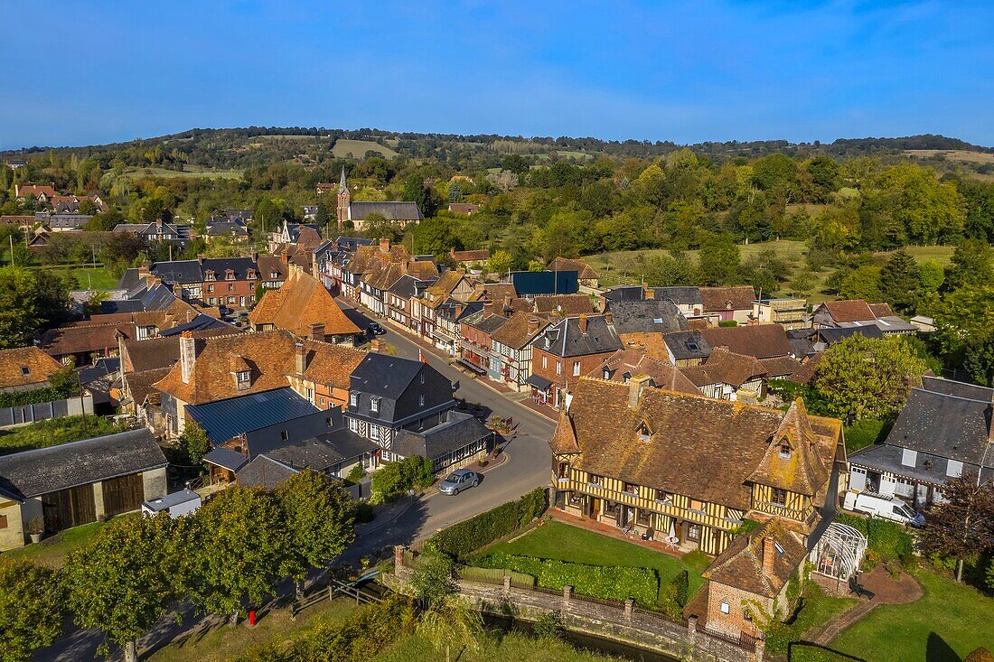 France,Calvados,Pays d'Auge,Beuvron en Auge,labelled Les Plus Beaux Villages de France (The Most Beautiful Villages of France) (aerial view)
