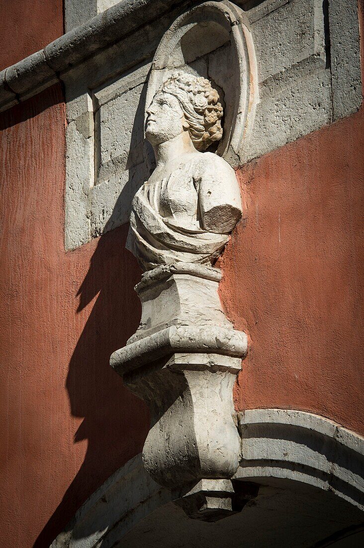 France,Haute Savoie,Annecy,historical plaque on the facade of the old hotel de Sales 17th century,in the rue du Paquier