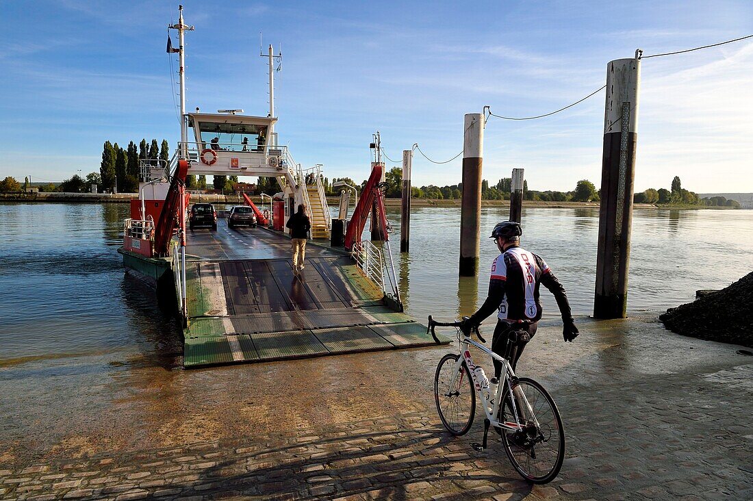 France,Seine-Maritime,Norman Seine River Meanders Regional Nature Park,the ferry crossing the Seine at the village of La Bouille,cyclists on the Veloroute of Val de Seine