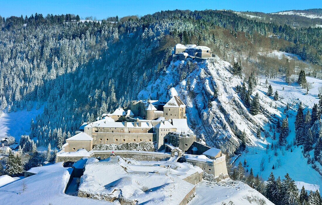 France,Doubs,La Cluse et Mijoux,the fort of Joux (aerial view)