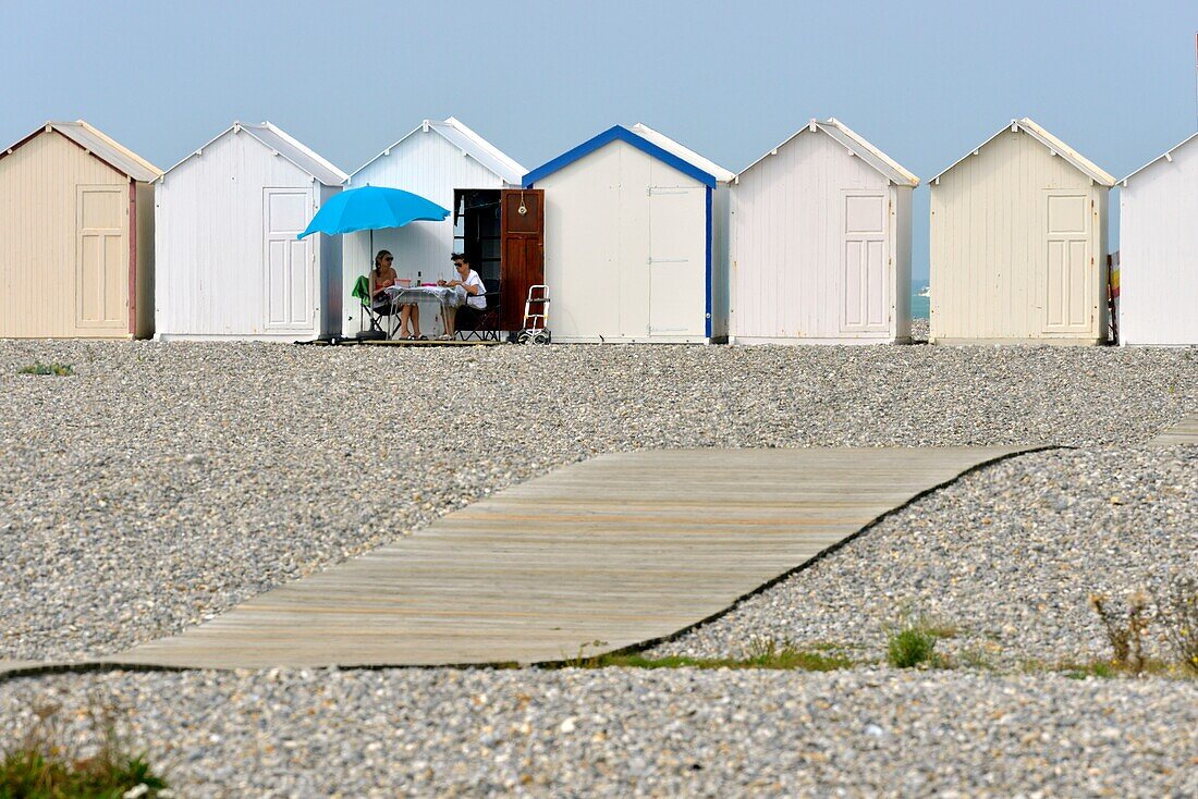 France,Somme,Baie de Somme (Somme bay),Cayeux sur Mer,the boardwalk lined with 400 colorful cabins and 2 km long