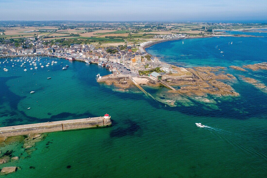 France,Manche,Cotentin,Barfleur,labeled Les Plus Beaux Villages de France (The Most Beautiful Villages of France),Harbour and Saint Nicolas church built from 17th century to 19th century (aerial view)