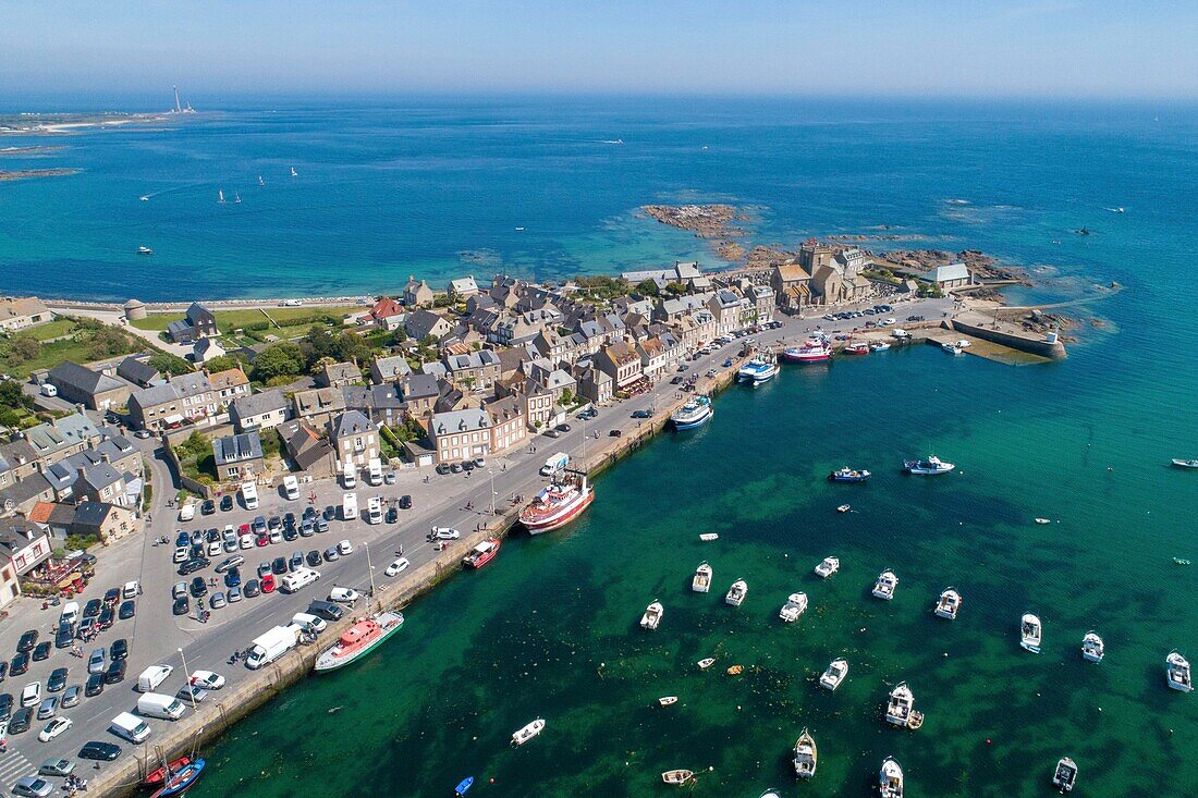 France,Manche,Cotentin,Barfleur,labeled Les Plus Beaux Villages de France (The Most Beautiful Villages of France),Harbour and Saint Nicolas church built from 17th century to 19th century (aerial view)