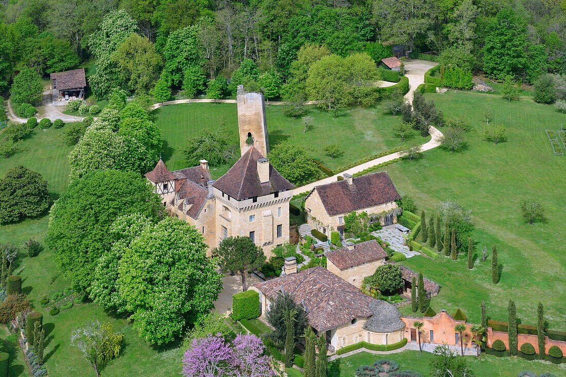Frankreich,Dordogne,Vezere-Tal,UNESCO-Welterbe,Thonac,das Schloss und der Turm von Vermondie (Luftaufnahme)
