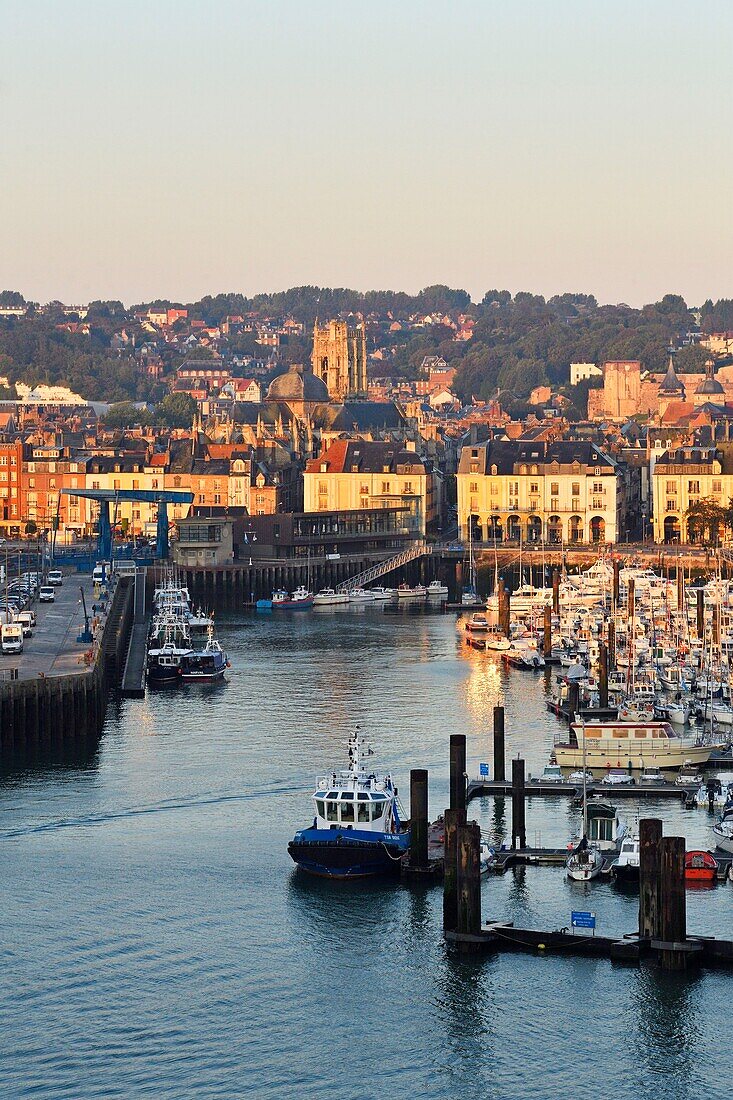 France,Seine Maritime,Pays de Caux,Cote d'Albatre,Dieppe,the Harbour and Saint Jacques church from the 13th century