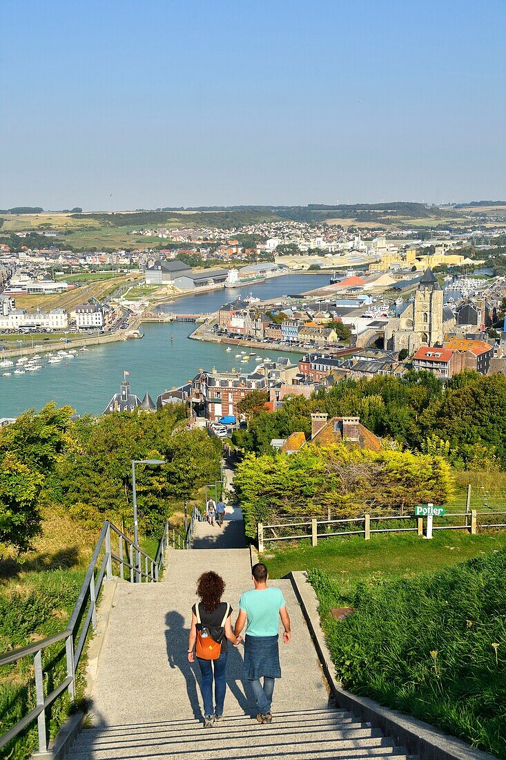 France,Seine Maritime,Le Treport,panoramic view from Le Treport terrasse of the city Saint Jacques church and the harbour with in the background the cliffs and the town of Mers les Bains,searesort on the shores of the Channel