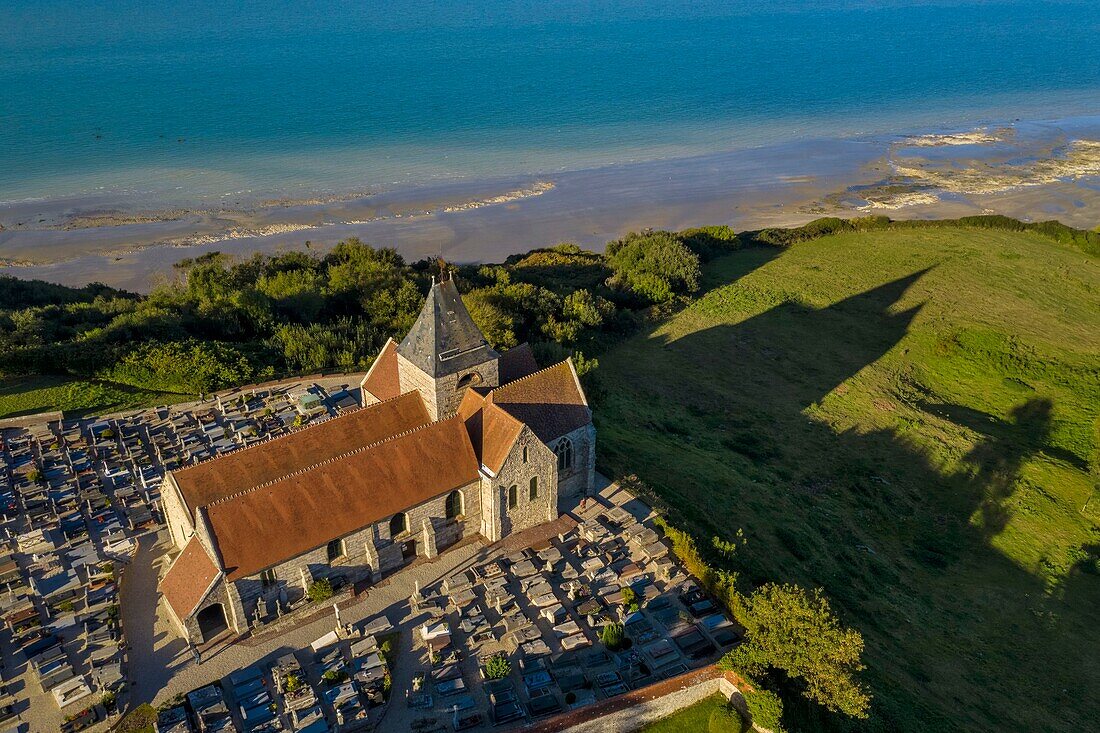 France,Seine-Maritime,Cote d'Albatre (Alabaster Coast),Pays de Caux,the Saint-Valery church of Varengeville-sur-Mer and its cemetery by the sea overlooking the cliffs of the Cote d'Albatre (Alabaster Coast) (aerial view)