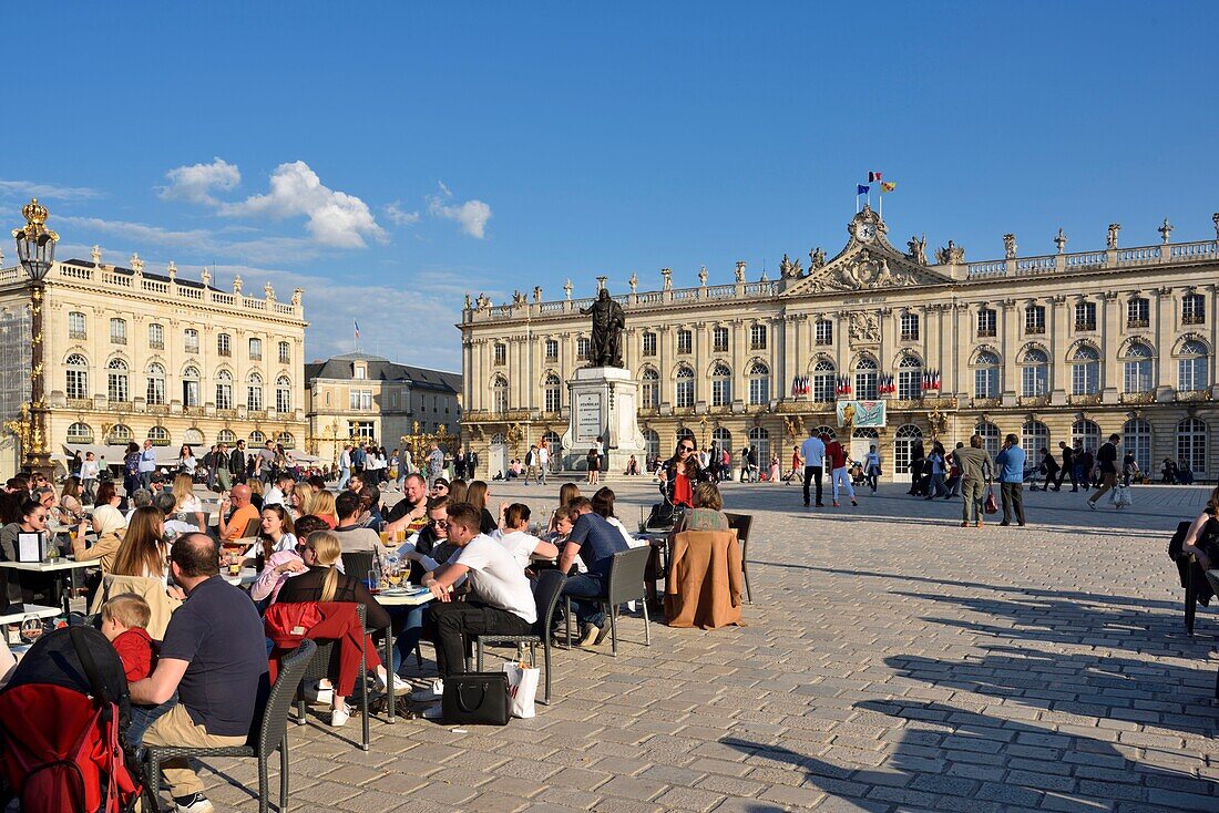 France,Meurthe and Moselle,Nancy,place Stanislas (former Place Royale) built by Stanislas Leszczynski,king of Poland and last duke of Lorraine in the eighteenth century,classified World Heritage of UNESCO,statue of Stanislas in front of the town hall