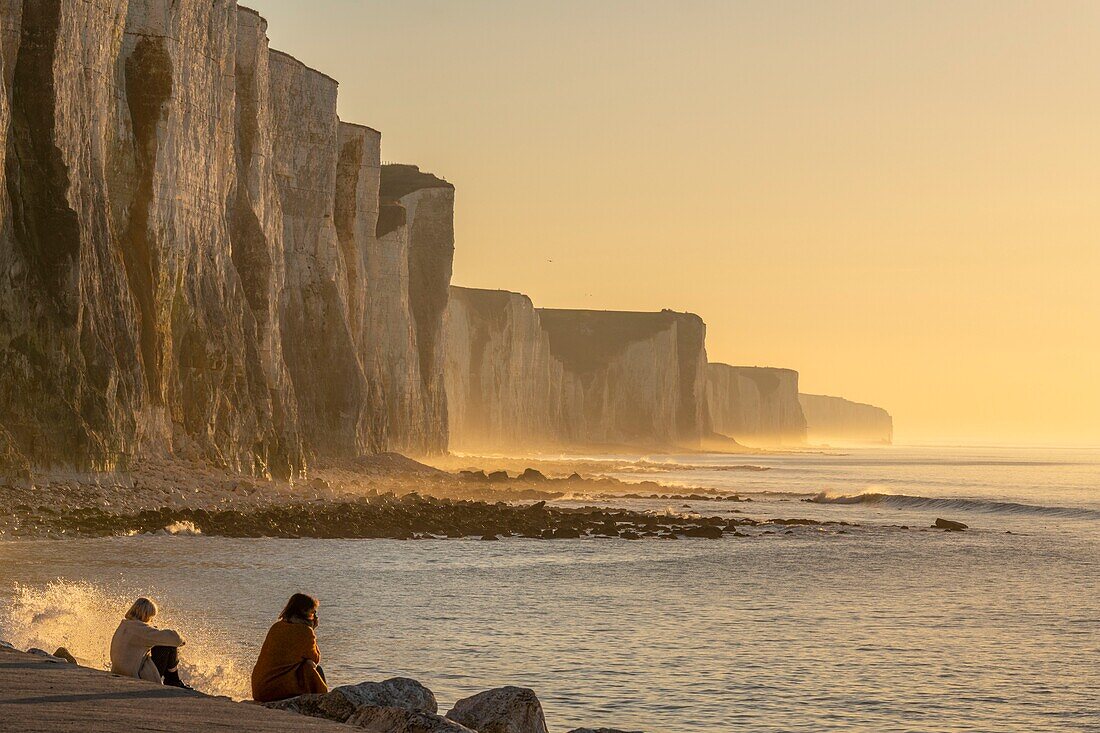 France,Somme,Picardy Coast,Ault,twilight at the foot of the cliffs that stretch towards Le Tréport and Normandy