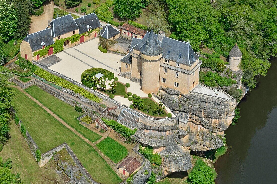 France,Dordogne,Perigord Noir (Black Perigord),Thonac,the castle of Belcayre on the banks of the Vezere river (aerial view)