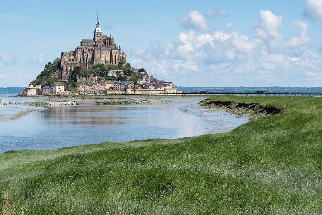 France,Manche,Mont Saint Michel Bay listed as World Heritage by UNESCO,Abbey of Mont Saint Michel and River Couesnon