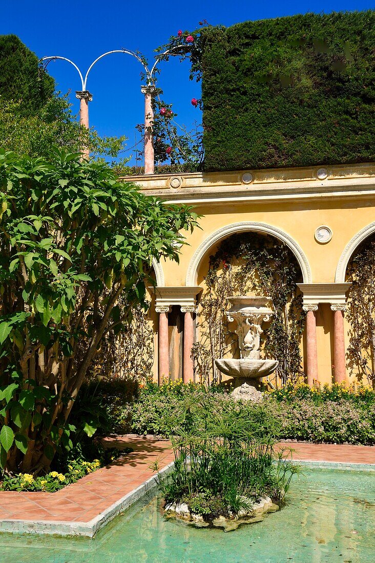 France,Alpes Maritimes,Saint Jean Cap Ferrat,Ephrussi de Rothschild villa and garden,large pond and water jets in the French garden