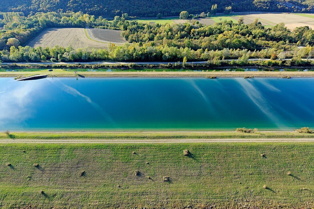 France,Ain,Anglefort,Rhone Canal upstream of Chautagne Power Station (aerial view)