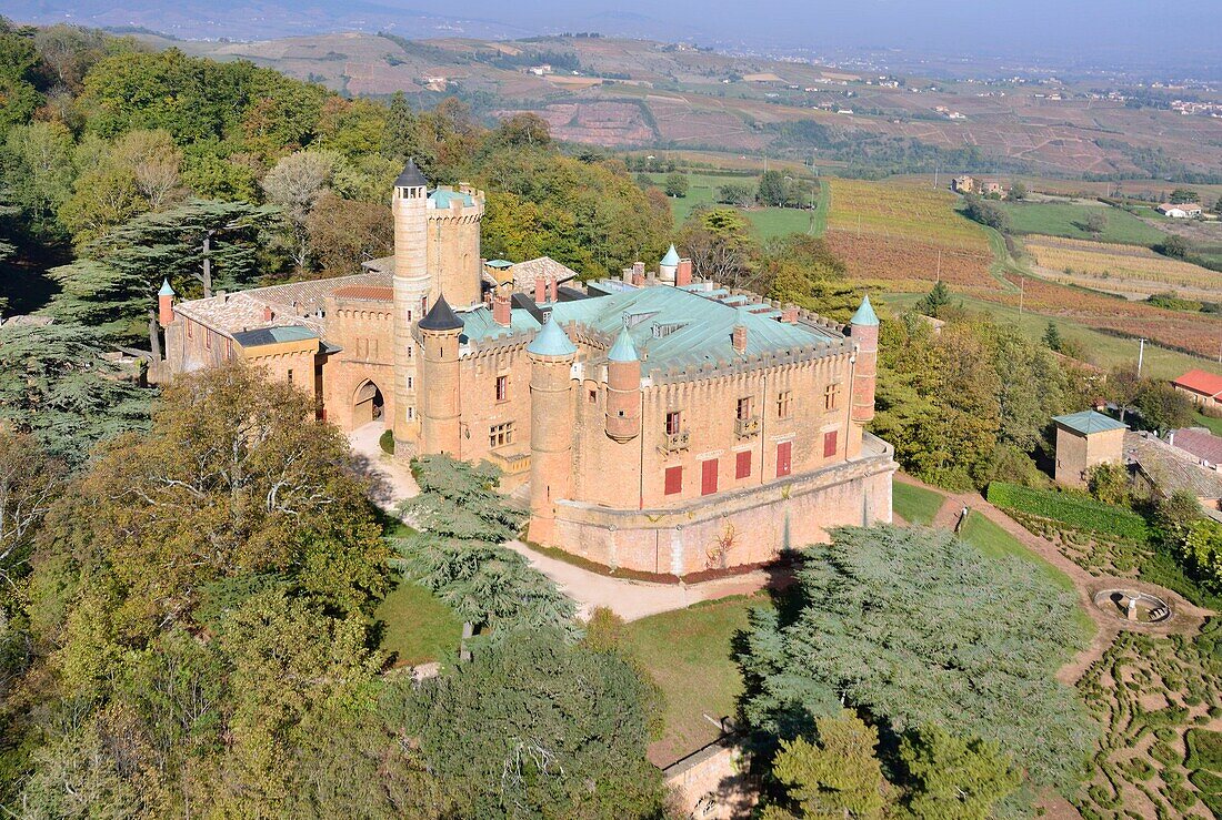 France,Rhone,Beaujolais region,the wine producing castle of Montmelas Saint Sorlin (aerial view)