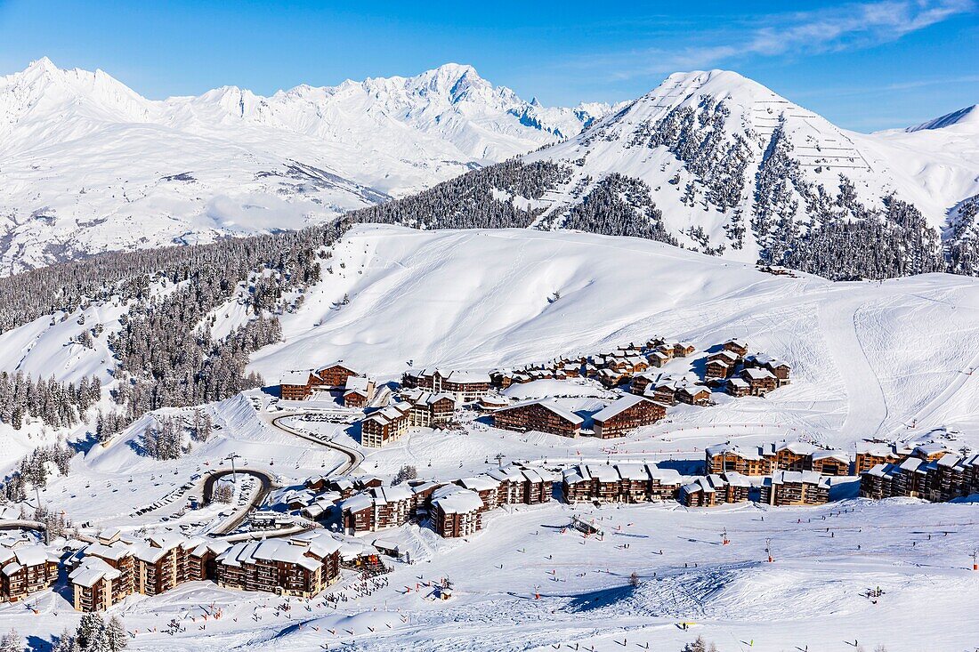 France,Savoie,Vanoise massif,valley of Haute Tarentaise,La Plagne,part of the Paradiski area,view of the Mont Blanc (4810m)(aerial view)