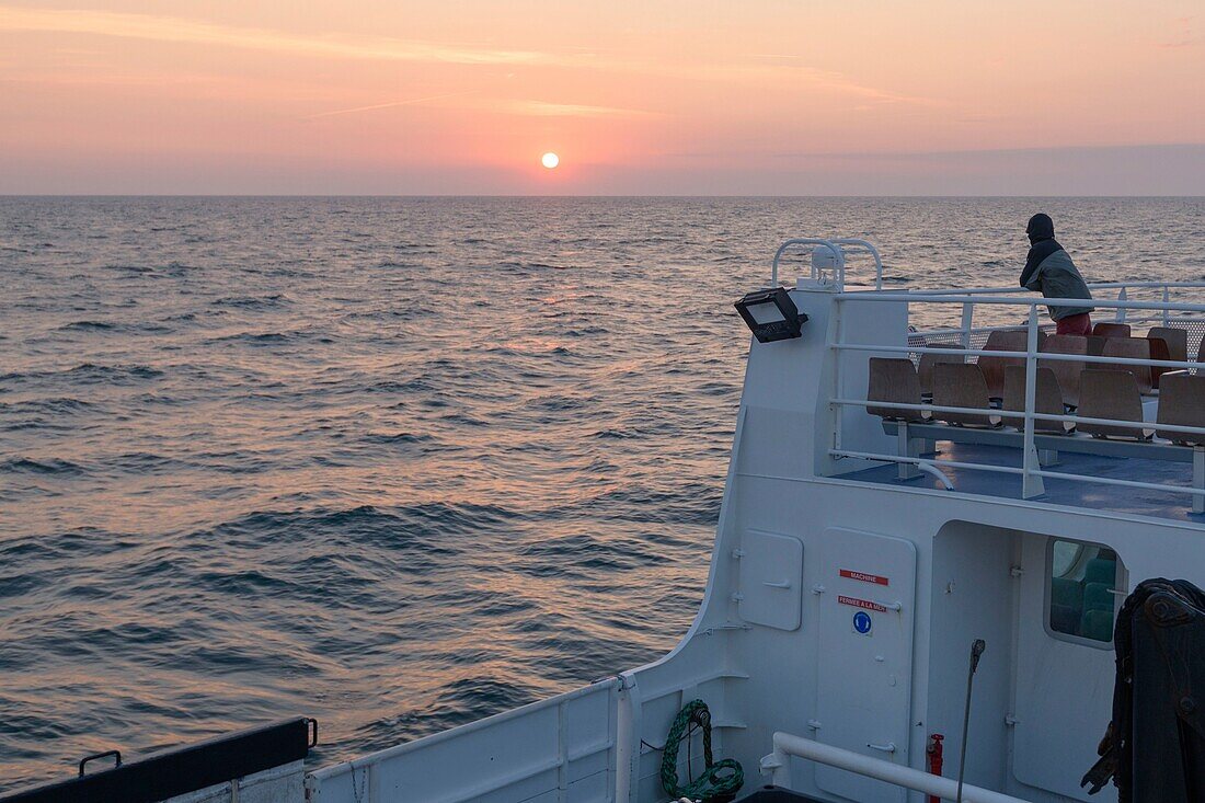 France,Morbihan,Hoedic,the boat trip between Houat and Hoedic at dawn