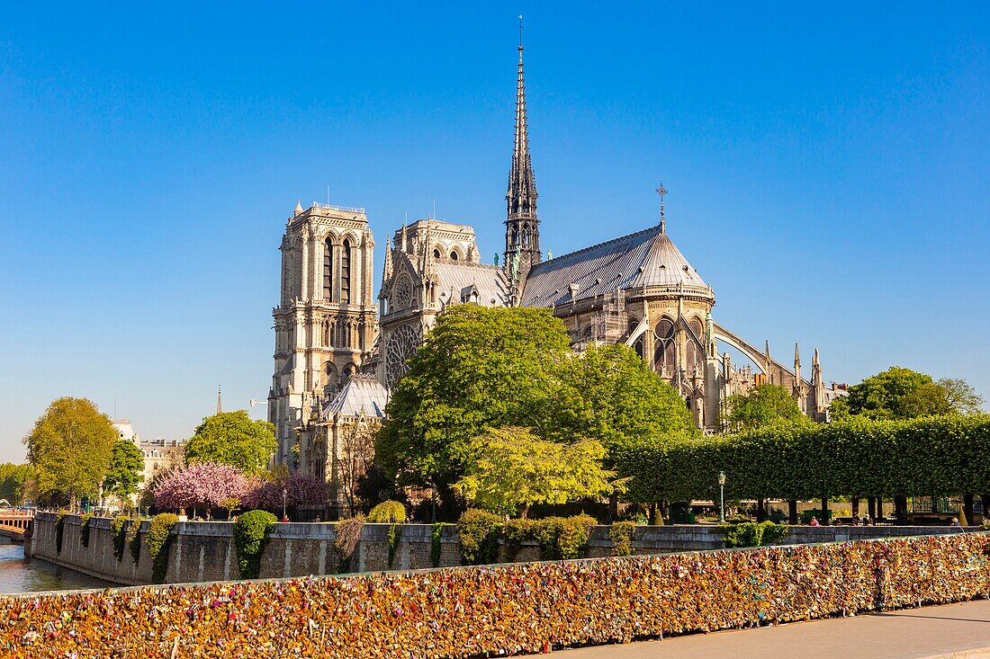 France,Paris,area listed as World Heritage by UNESCO,Notre Dame cathedral,Archbishop's bridge and padlocks