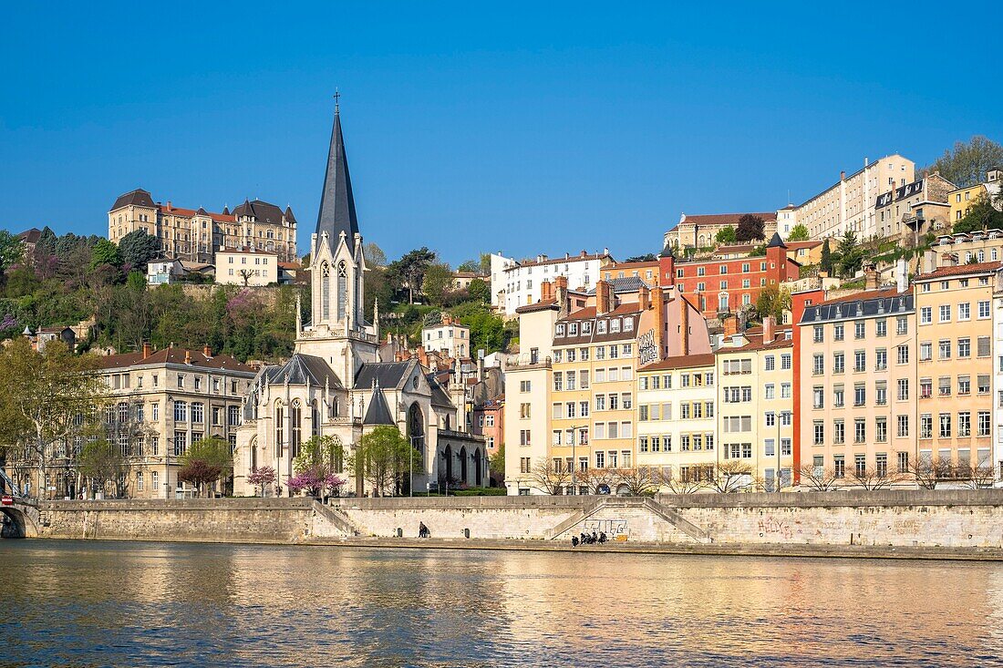 France,Rhone,Lyon,historic district listed as a UNESCO World Heritage site,Old Lyon,Quai Fulchiron on the banks of the Saone river,Saint Georges church and Saint-Just College on Fourviere hill