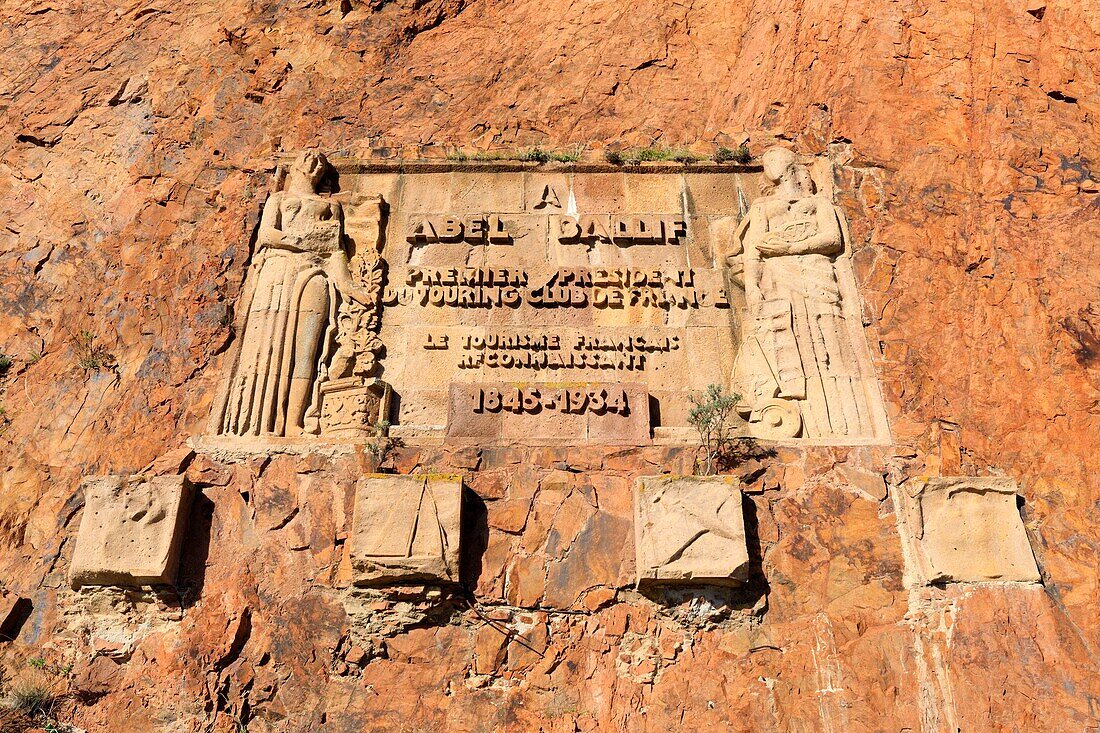 France,Var,Massif of Esterel,Saint Raphael,border with the Alpes Maritimes,Calanques road,plaque in memory of Abel Ballif for the realization of the Corniche de l'Esterel