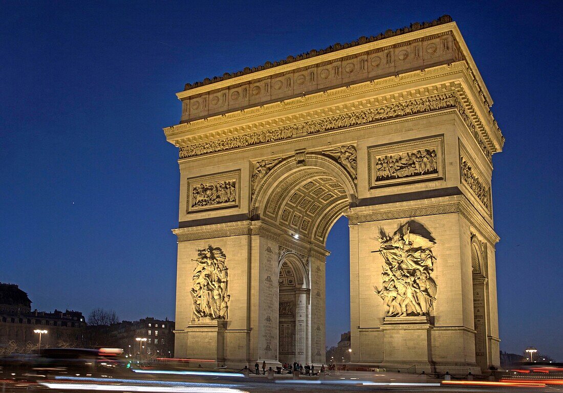 France,Paris,Arc de Triomphe and Place Charles de Gaulle Etoile illuminated at night