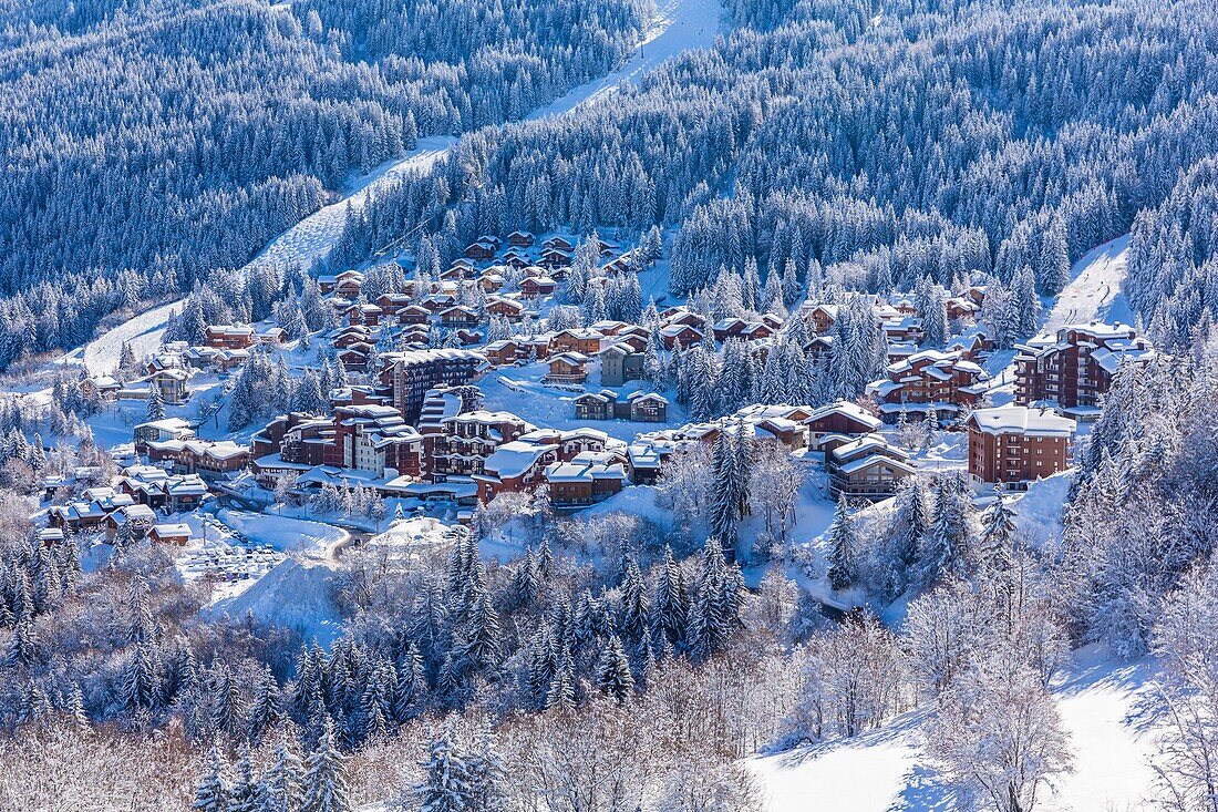 France,Savoie,Tarentaise valley,La Tania is one of the largest skiresort village in France,in the heart of Les Trois Vallees (The Three Valleys),one of the biggest ski areas in the world with 600km of marked trails,western part of the Vanoise Massif (aerial view)