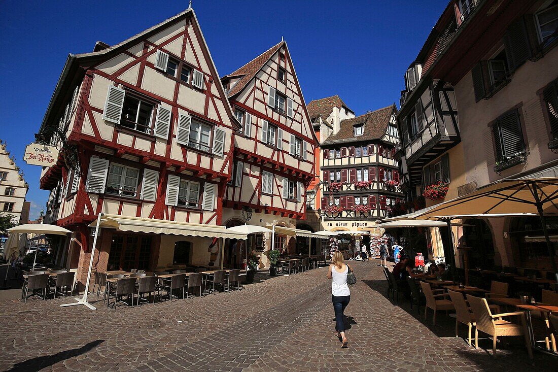 France,Haut Rhin,Colmar,cafe terraces in the Rue des Marchands
