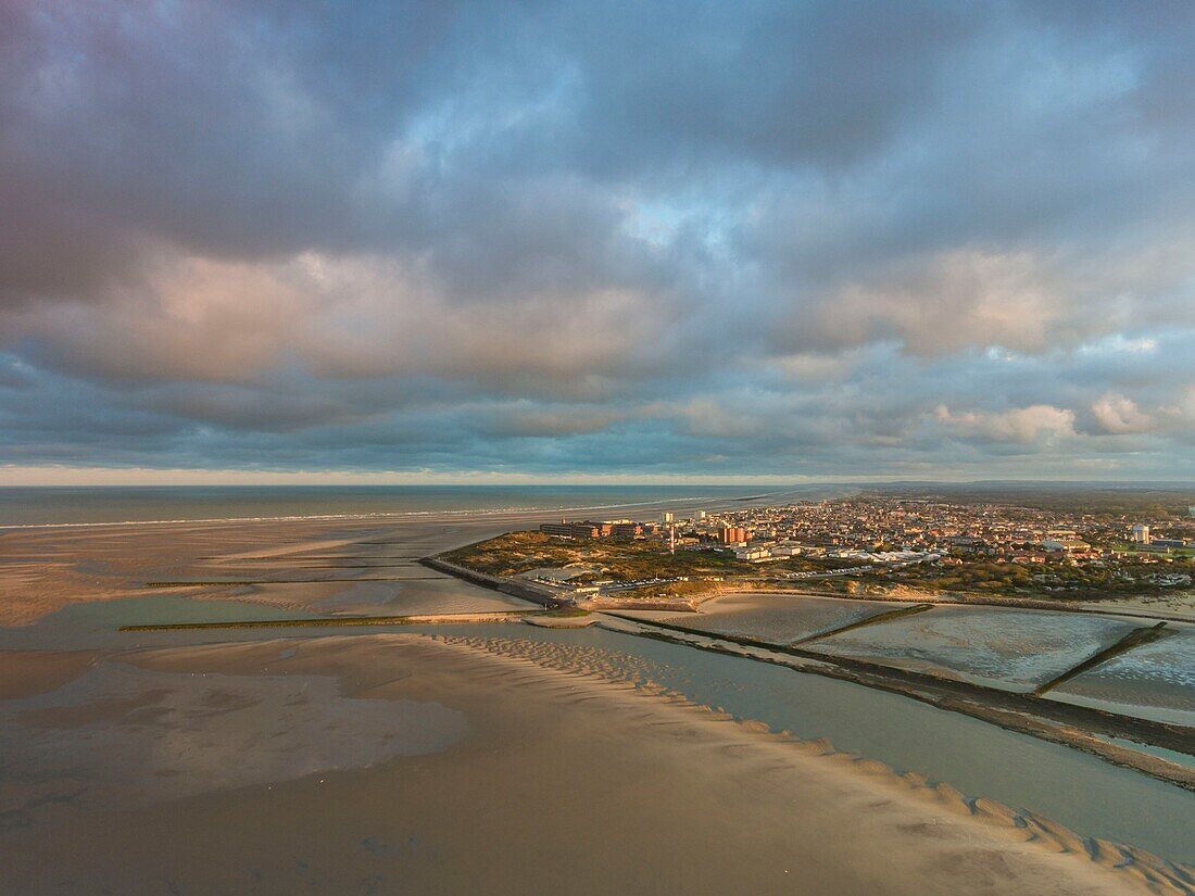 Frankreich,Pas de Calais,Berck sur Mer,Flug über die Bucht von Authie und Berck sur Mer in der Morgendämmerung bei Ebbe (Luftaufnahme)