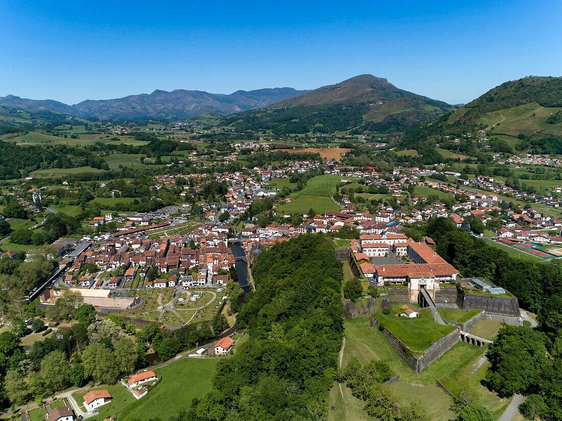 France,Pyrenees Atlantiques,Basque country,Saint Jean Pied de Port,on the river Nive of Béhérobie (aerial view)