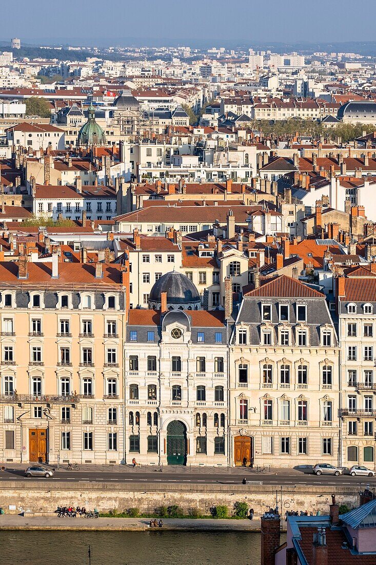France,Rhone,Lyon,historic district listed as a UNESCO World Heritage site,panorama of La Presqu'île district,Quai Tilsitt and the Great Synagogue