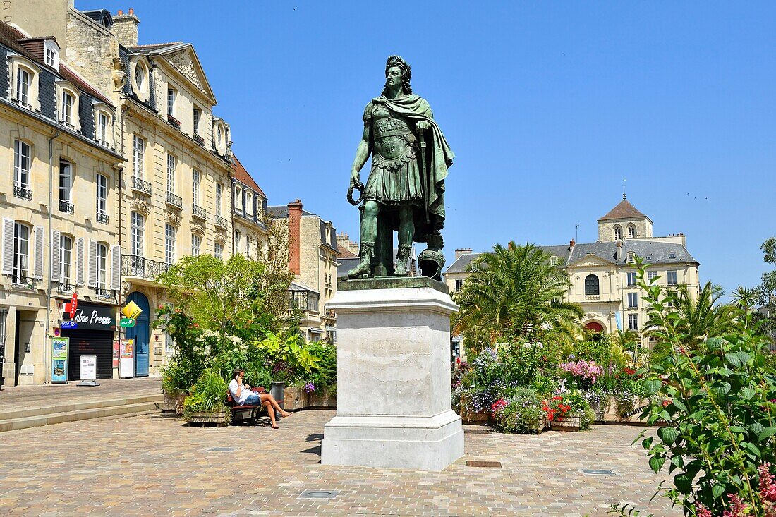 France,Calvados,Caen,Place Saint-Sauveur,Louis XIV statue of Louis Petitot and Vieux Saint Sauveur church in the background