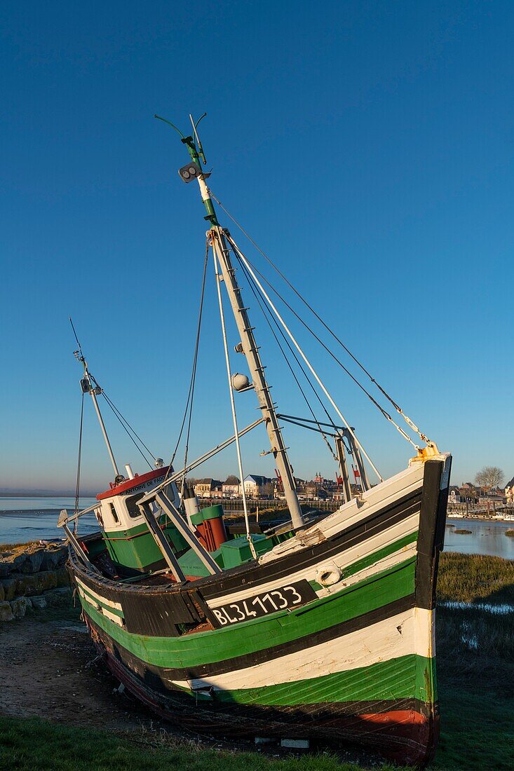 France,Somme,Baie de Somme,Le Crotoy,the small Crotoy boat cemetery,home to the famous green trawler,Saint-Antoine-de-Padoue,a remnant of the past fishing port and shipbuilding at Le Crotoy