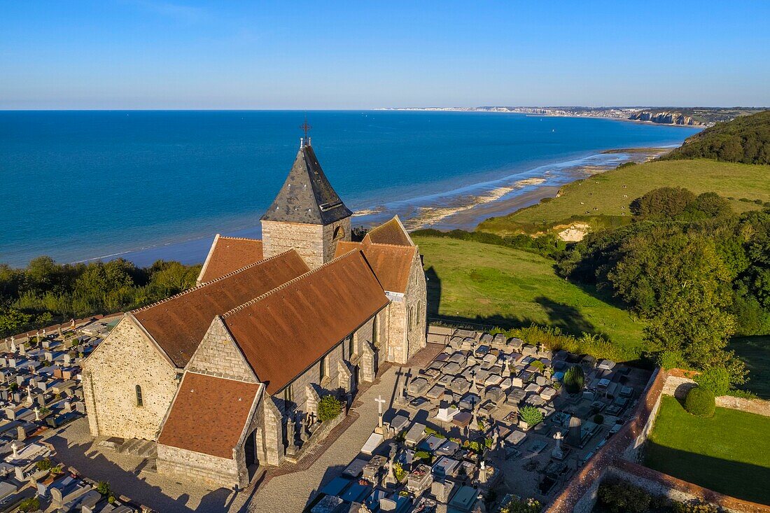 France,Seine-Maritime,Cote d'Albatre (Alabaster Coast),Pays de Caux,the Saint-Valery church of Varengeville-sur-Mer and its cemetery by the sea overlooking the cliffs of the Cote d'Albatre (Alabaster Coast) (aerial view)