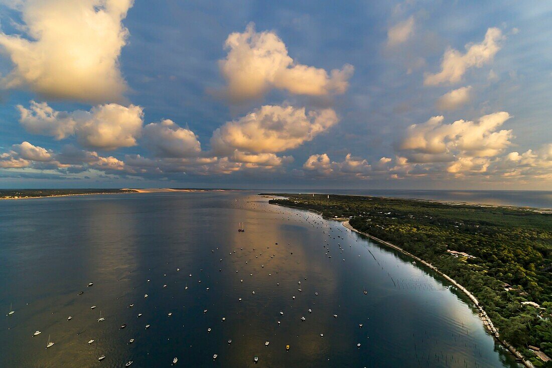 France,Gironde,Bassin d'Arcachon,aerial view of Cap Ferret with the Dune of Pilat in the background (aerial view)