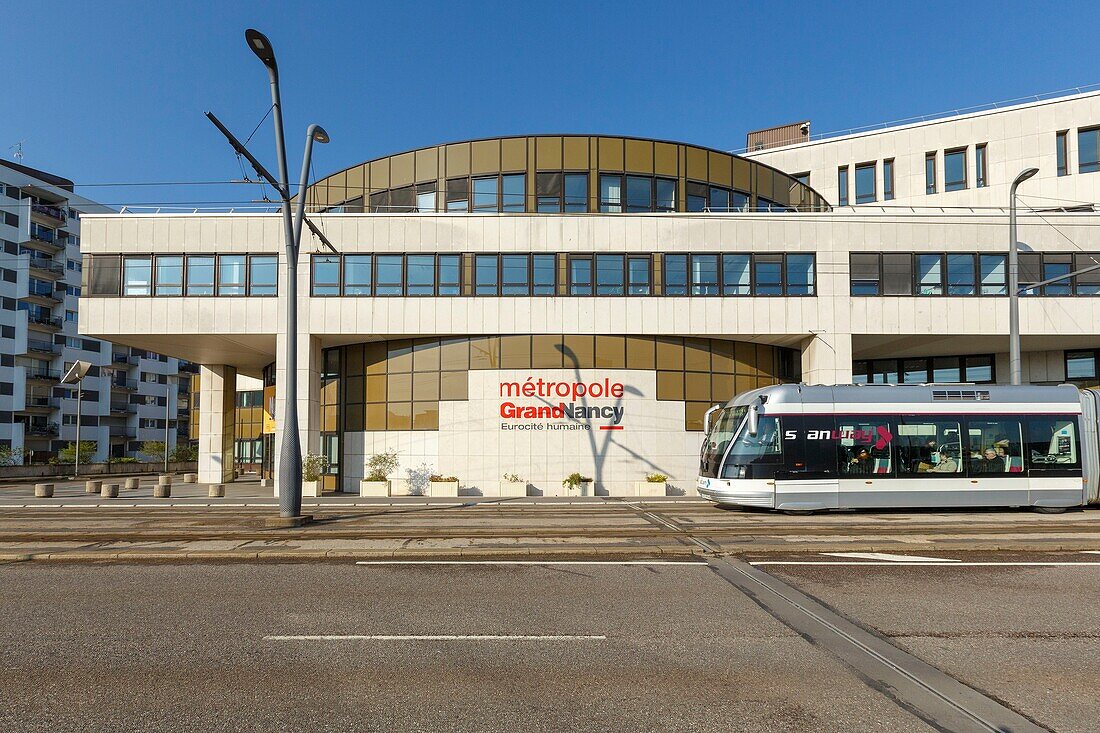 France,Meurthe et Moselle,Nancy,the tramway on Viaduc Kennedy in Nancy Ville train station area