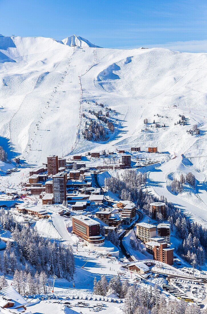 France,Savoie,Vanoise massif,valley of Haute Tarentaise,La Plagne,part of the Paradiski area,view of Plagne Centre,(aerial view)