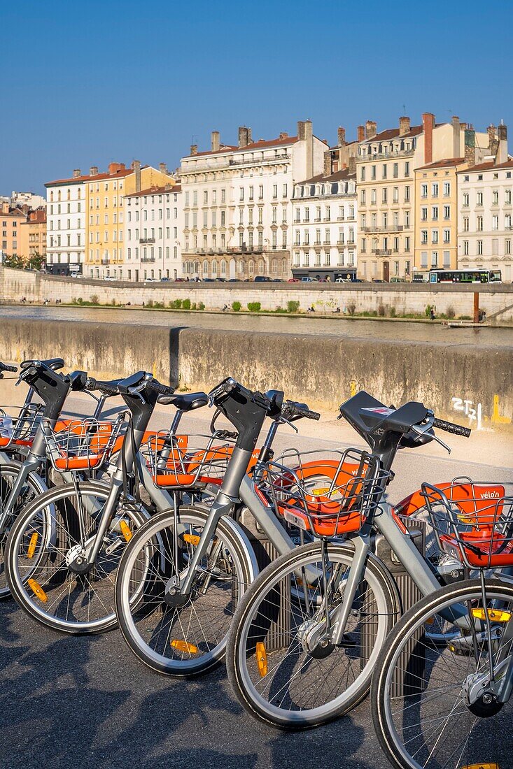 France,Rhone,Lyon,historic district listed as a UNESCO World Heritage site,Old Lyon,Quai Fulchiron on the banks of the Saone river,Velo'v is a self-service bicycle system set up in the Lyon Metropole