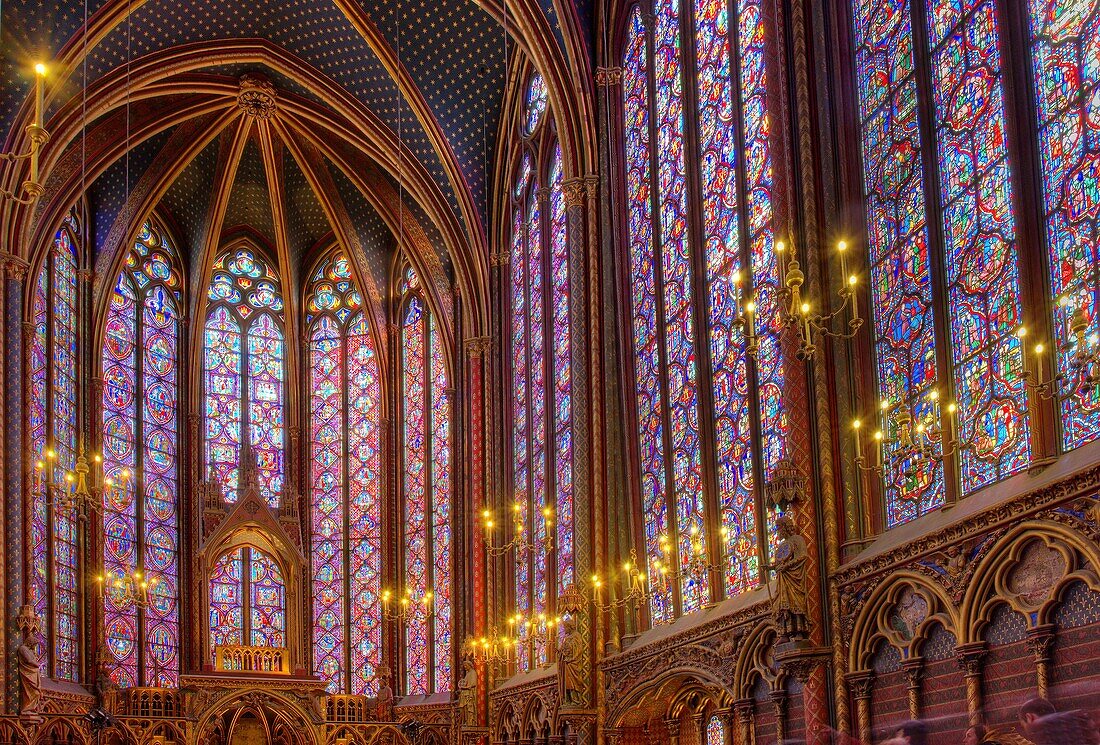 France,Paris,area listed as World Heritage by UNESCO,Ile de la Cite,the Sainte Chapelle (the Holy Chapel),the stained glass windows of the Upper Chapel